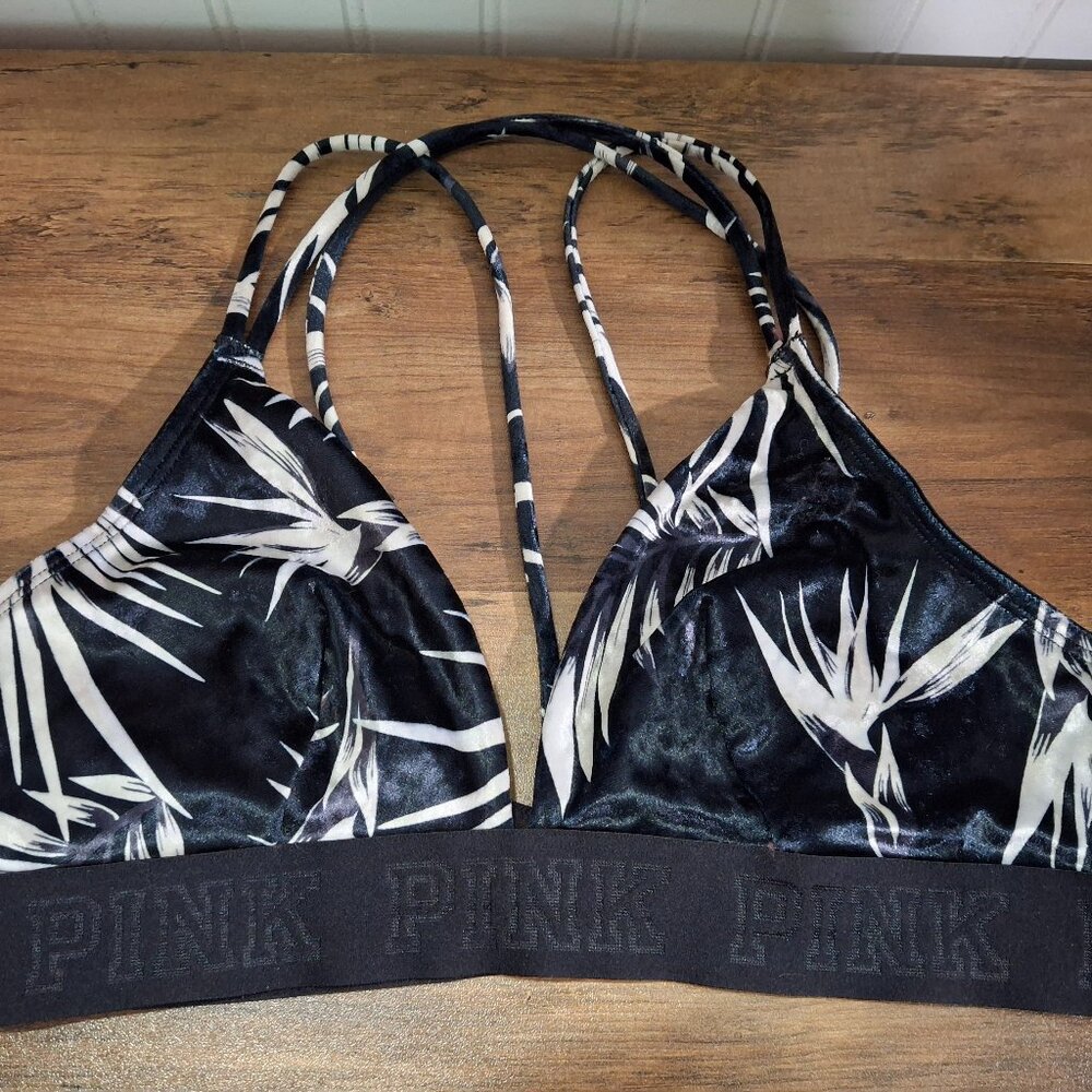 Victorias Secret PINK Medium Bralette Black White Velvet
